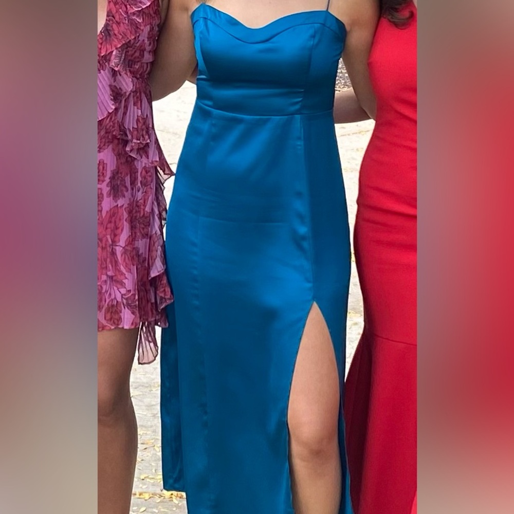 Abercrombie & Fitch Teal Satin Midi Slip Dress – Size M, Adjustable Straps, Slit